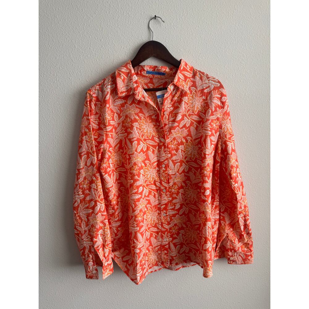 J McLaughlin orange and white print button up